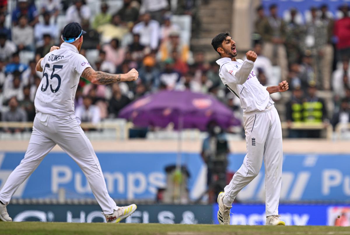 Bashir celebrates taking his third of four wickets during the second day of fouth Test match between India and England at JSCA International Stadium Complex on February 24, 2024 in Ranchi. 