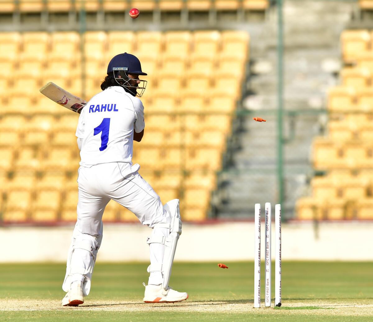 Rahul played a few attractive strokes. His stint, however, came crashing down when he chopped Thakral back onto his stumps. 