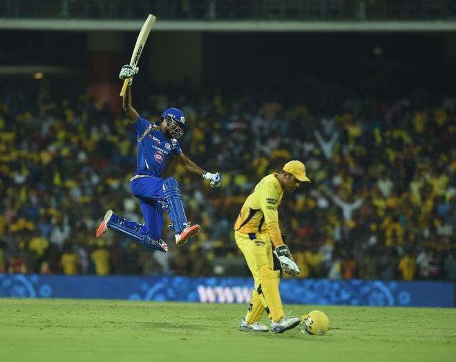 Hardik Pandya, who remained unbeaten with 21 runs, celebrates after Mumbai Indians’ victory over Chennai Super Kings.