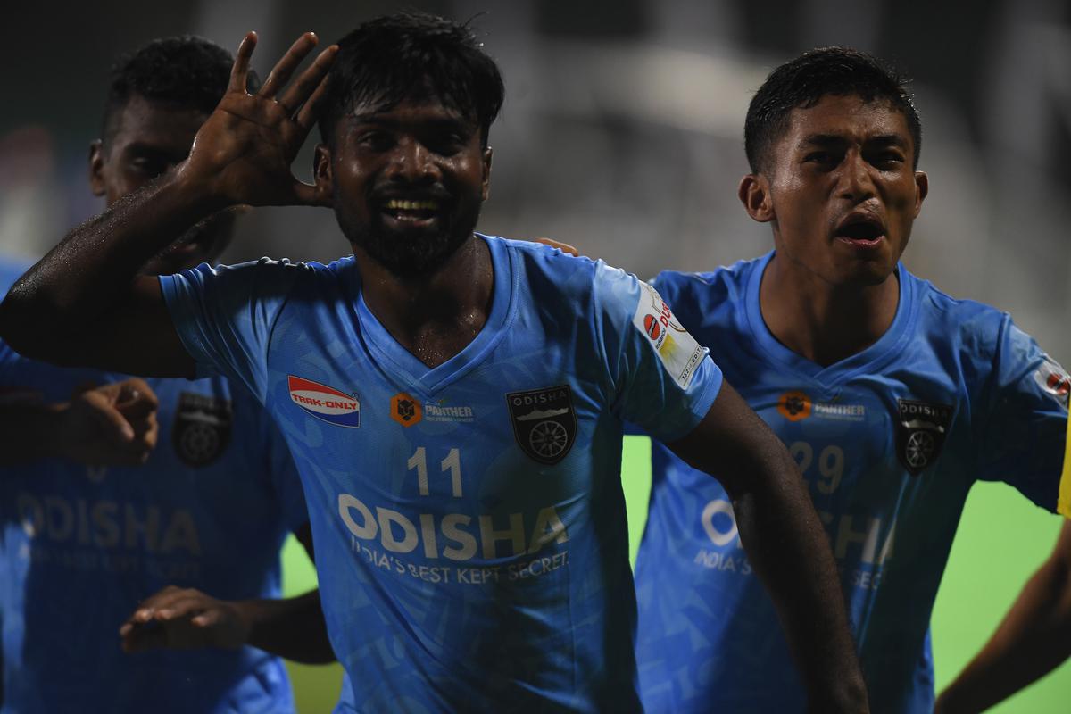 Odissa FC players celebrate scoring the winning goal against Rajasthan United FC in a Group F match in the Durand Cup.