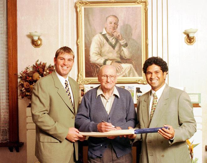 Sachin in the company of Aussie legends Sir Donald Bradman and Shane Warne.