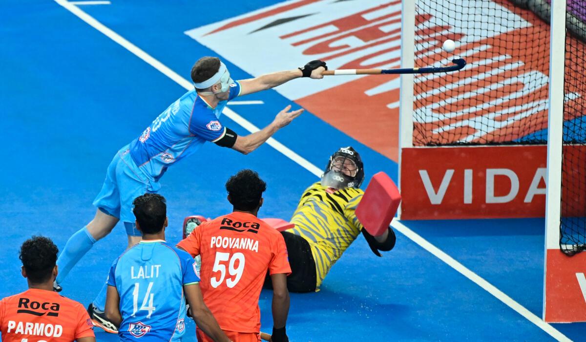 Sam Ward of HIL GC scores a goal against Shrachi Bengal Tigers during the Hero Hockey India League.