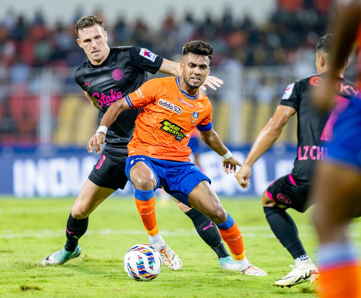 Yoell Van Nieff of Mumbai City FC battles for the ball with Brandon Fernandes of FC Goa during Semi Final 2 (Leg 1) of the Indian Super League (ISL), 2023-24 season played between FC Goa and Mumbai City FC held at Pandit Jawaharlal Nehru Stadium, Goa on 24th April 2024.