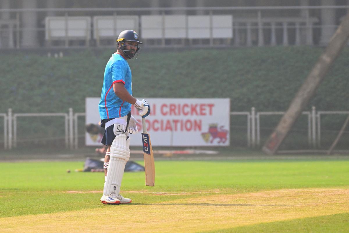 Mumbai batter Rohit Sharma during the practice session before Mumbai vs J&K Ranji Trophy Match at MCA BKC in Mumbai.