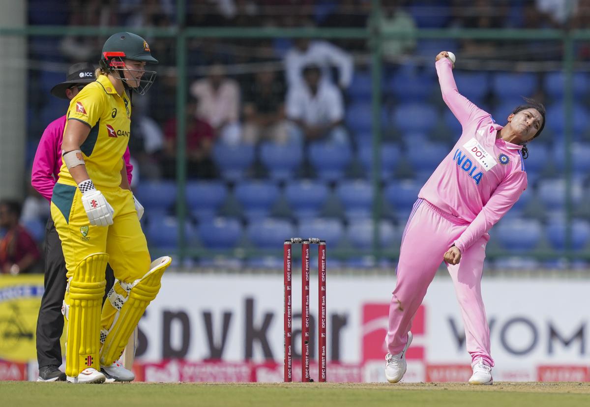 Sneh Rana bowling against the Australia women’s team during an ODI series on September 20, 2025.