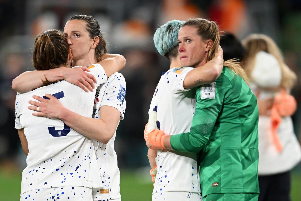 Kelley O’Hara, Alyssa Thompson, Megan Rapinoe, and Alyssa Naeher of the USA are dejected after their team was eliminated in the FIFA Women’s World Cup. 