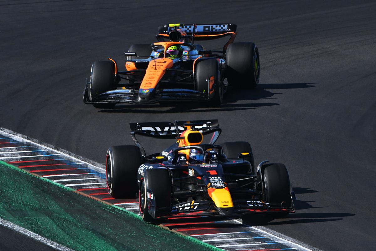 Fight to the finish: The drama between Max Verstappen (front) and Lando Norris (back) continues at the top.