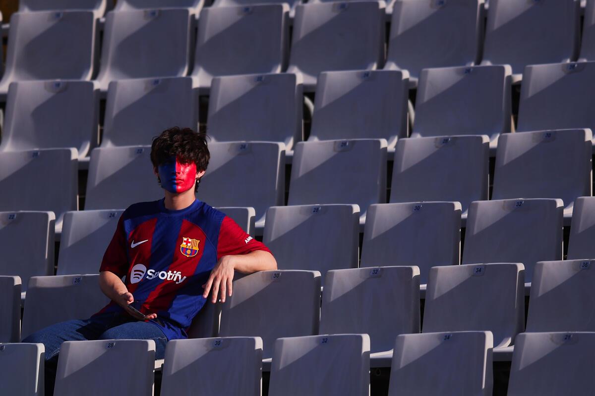 A supporter is seen prior the Joan Gamper Trophy match between FC Barcelona and Tottenham Hotspur at Estadi Olimpic Lluis Companys. 