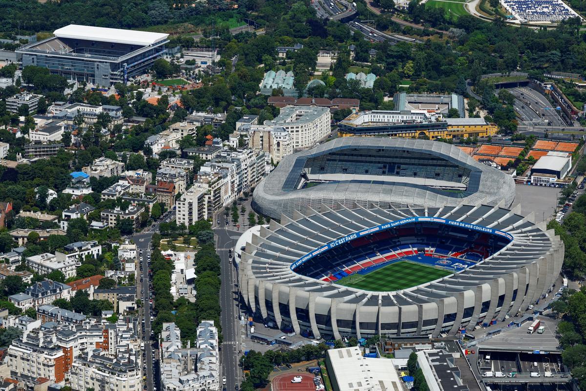 An aerial view shows the Parc des Princes stadium. 