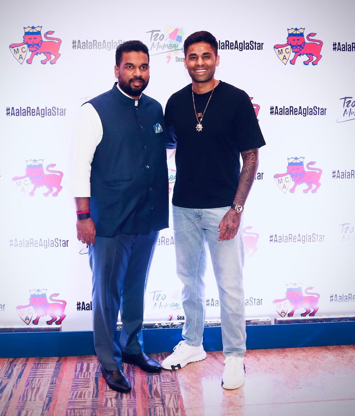 Mumbai Cricket Association president Ajinkya Naik with India T20 captain Suryakumar Yadav, who is also the icon player for Triumph Knights Mumbai North East.