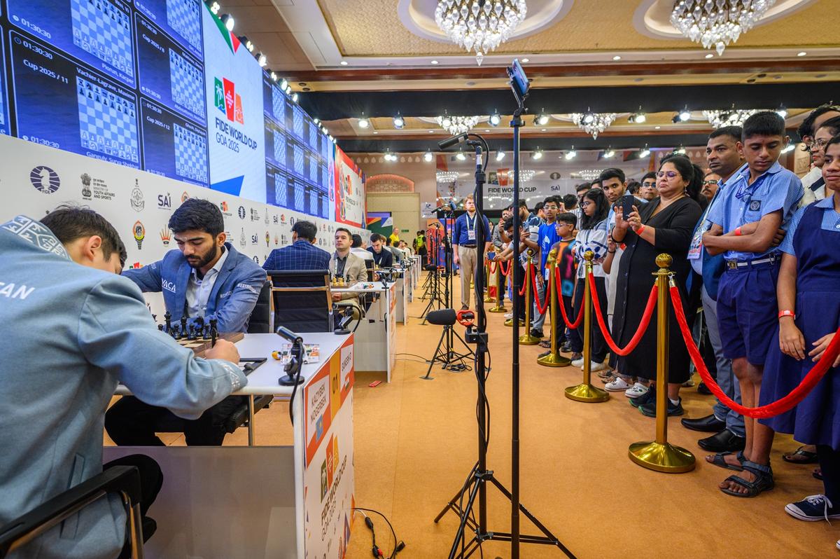 D. Gukesh (left) seen in action against Kazakhstan’s Kazybek Nogerbek.