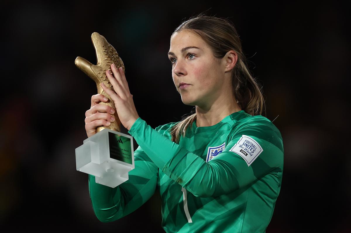 Mary Earps of England is awarded the FIFA Golden Glove Award at the award ceremony following the FIFA  Women’s World Cup Australia & New Zealand 2023 Final match between Spain and England at Stadium Australia.