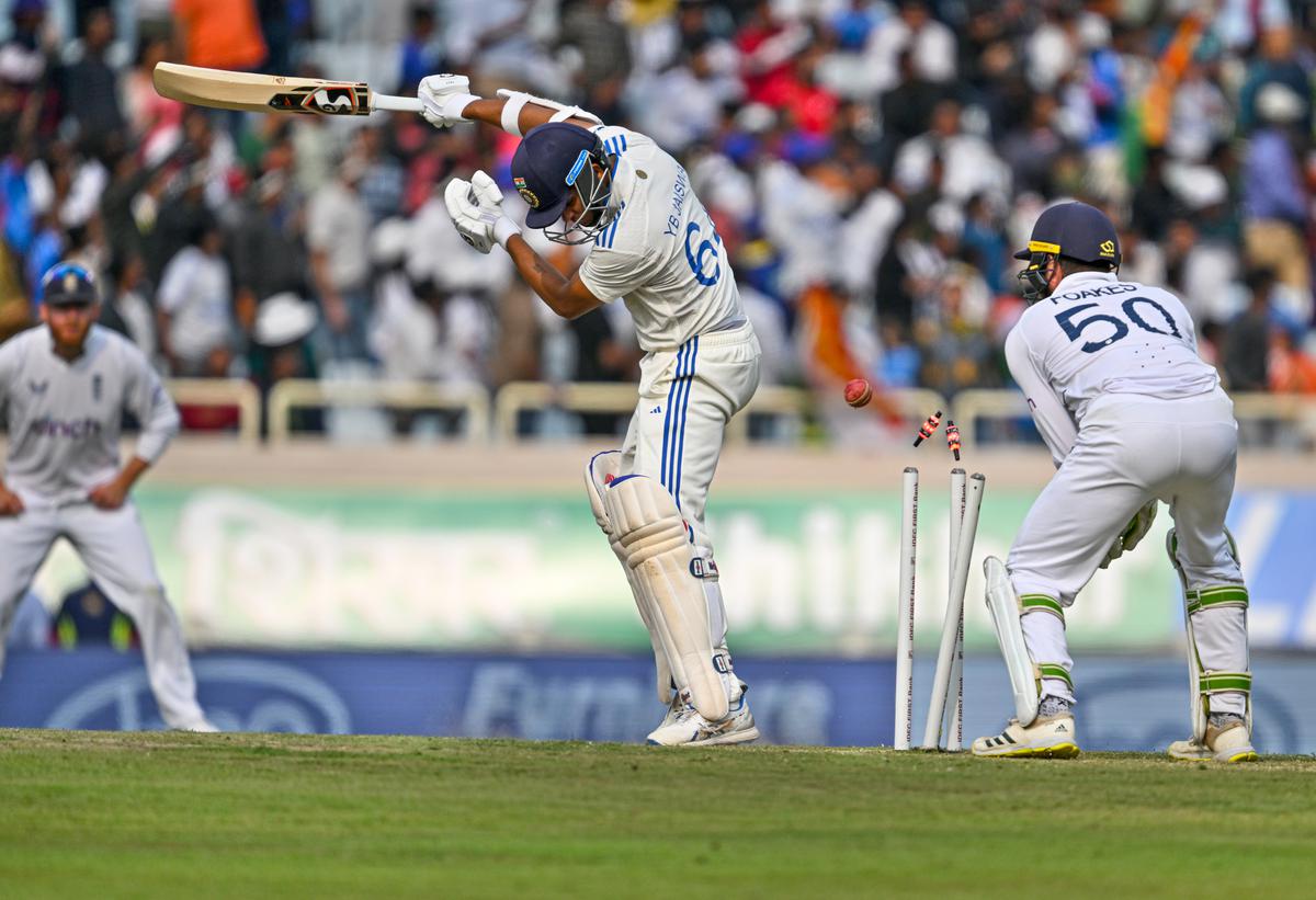 India’s Yashasvi Jaiswal is bowled by England’s Shoaib Bashir during the second day of fouth Test match between India and England at JSCA International Stadium Complex on February 24, 2024 in Ranchi.