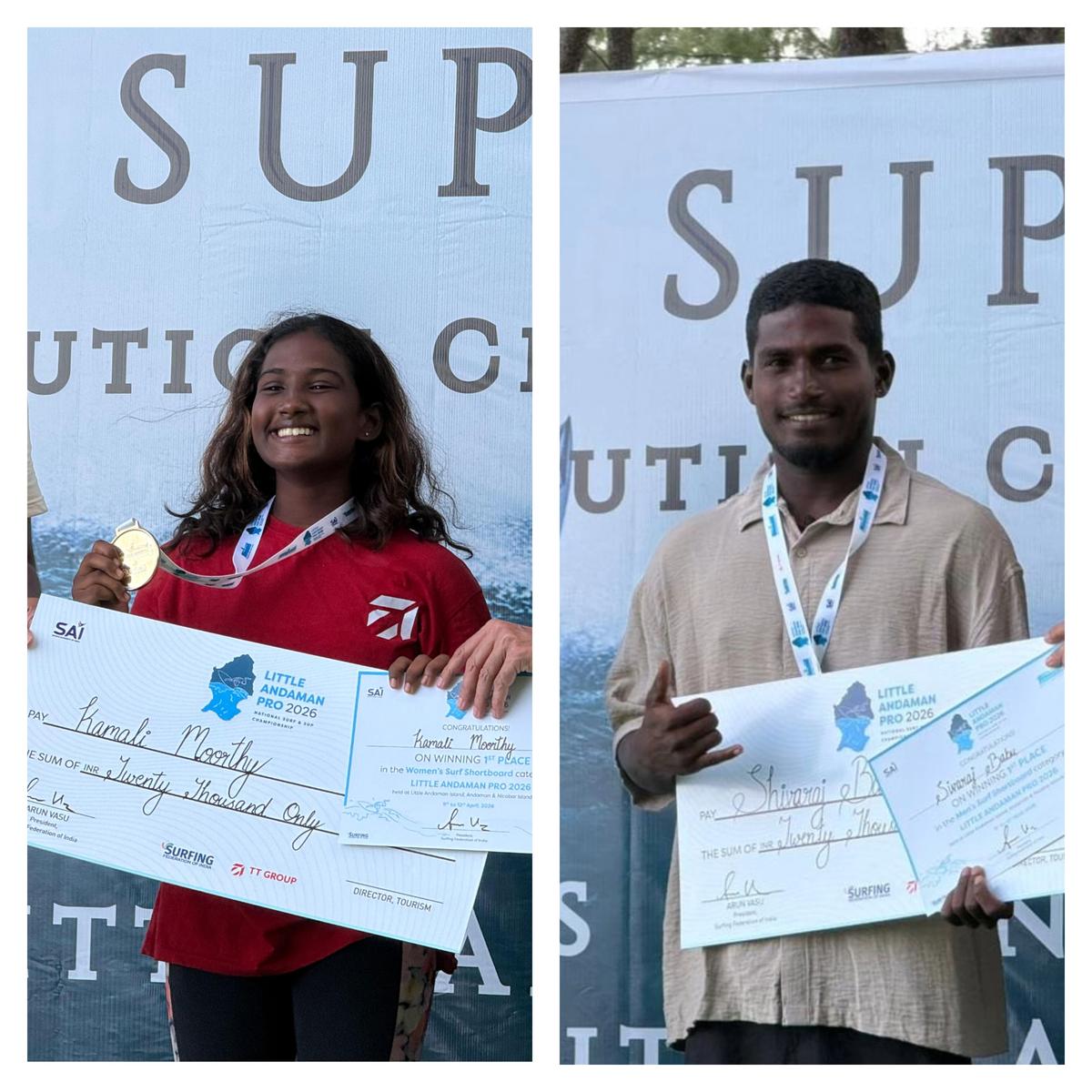 Kamali and Sivaraj pose with their medals after winning the nationals.