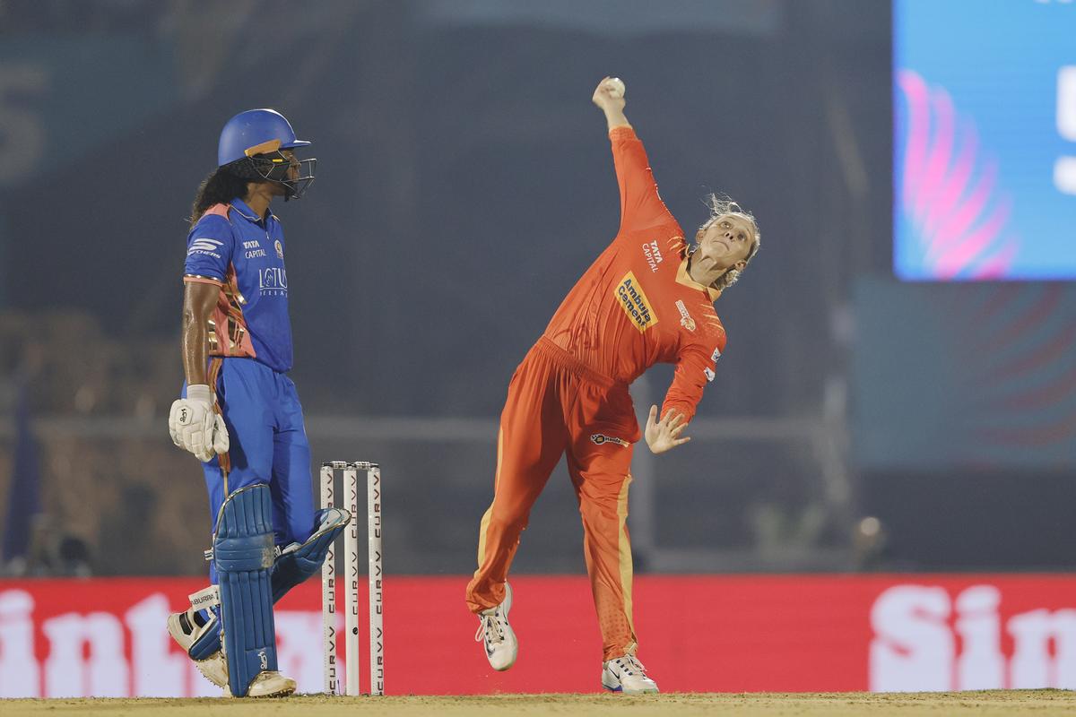 Ashleigh Gardner (c) of Gujarat Giants bowling  during the eliminator match of the Women’s Premier League 2025 (WPL) between the Mumbai Indians and the Gujarat Giants held at the Brabourne Stadium, Mumbai, India on the 13th March 2025.