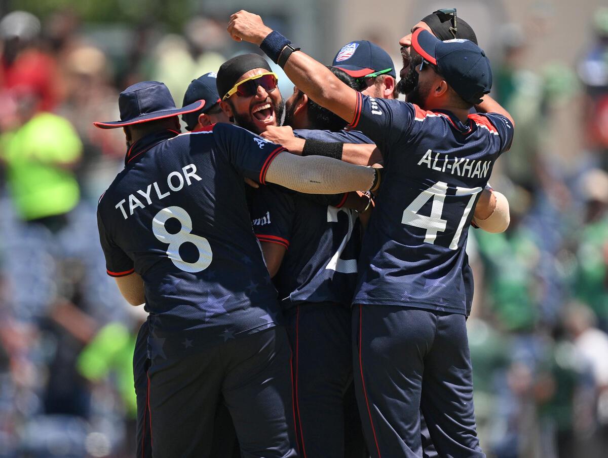 USA players celebrate after beating Pakistan in the Super Over at the 2024 T20 World Cup. 