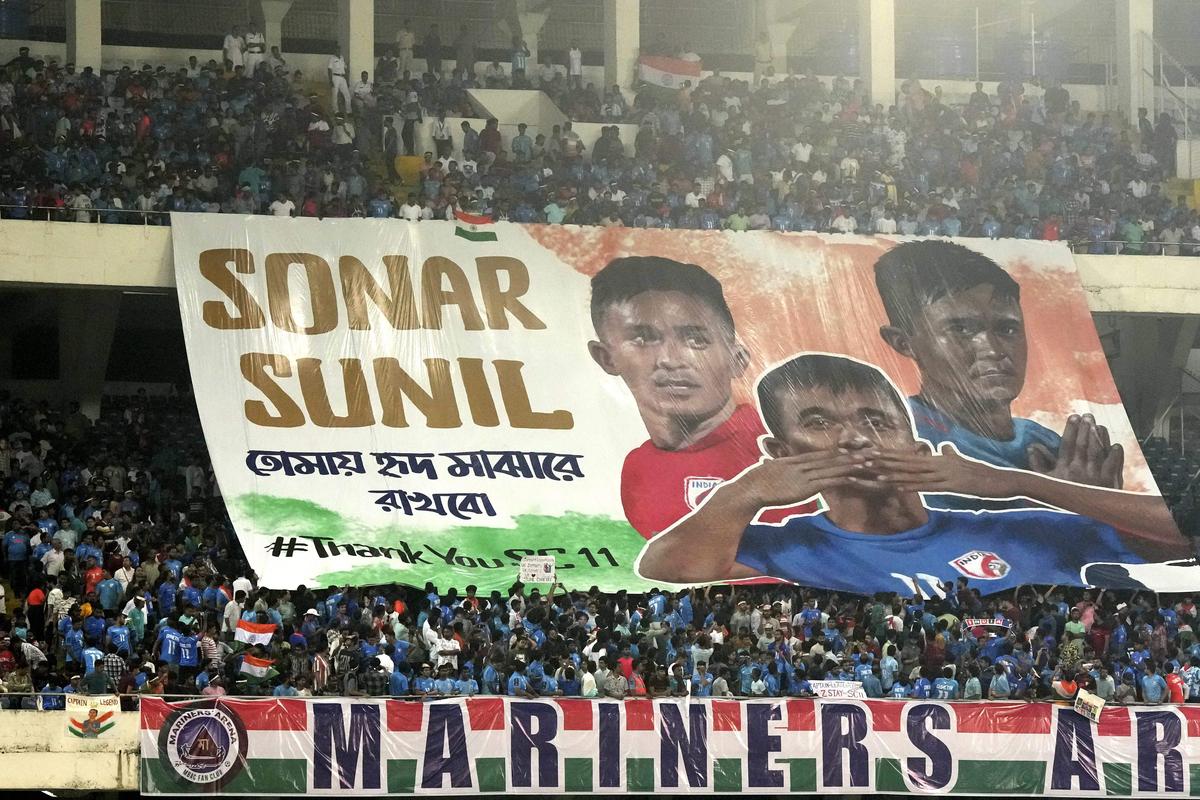 Fans put up a large banner of India’s captain Sunil Chhetri during his farewell match, a FIFA World Cup 2026 Qualifier football match between India and Kuwait, at the Vivekananda Yuba Bharati Krirangan.