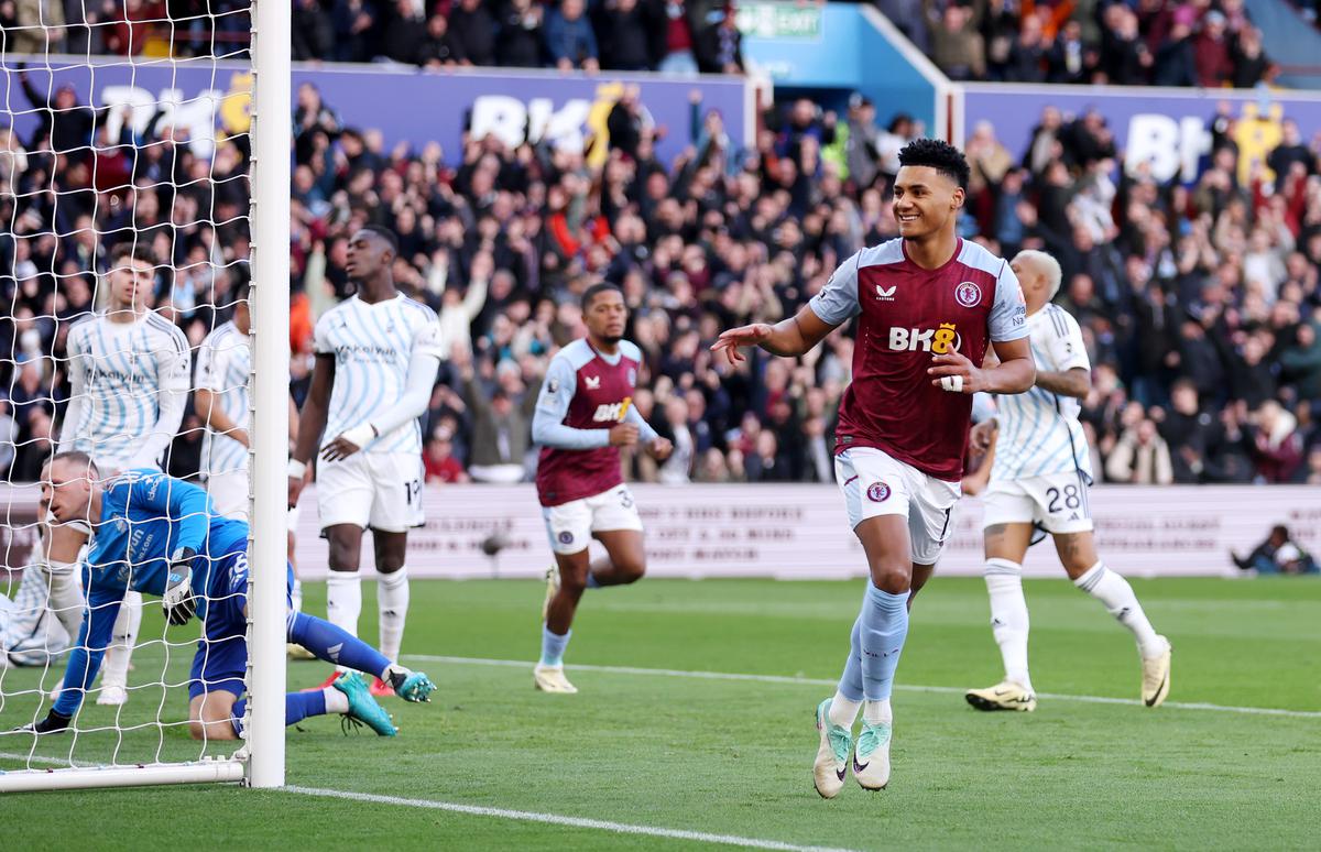 Ollie Watkins of Aston Villa celebrates scoring his team’s first goal during the Premier League match between Aston Villa and Nottingham Forest at Villa Park on February 24, 2024, in Birmingham, England. 