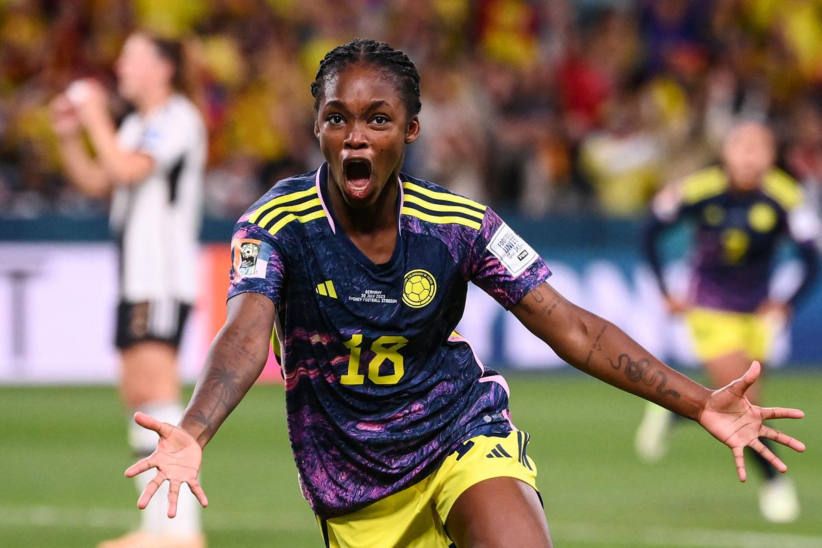 Colombia’s forward #18 Linda Caicedo celebrates scoring against Germany. 