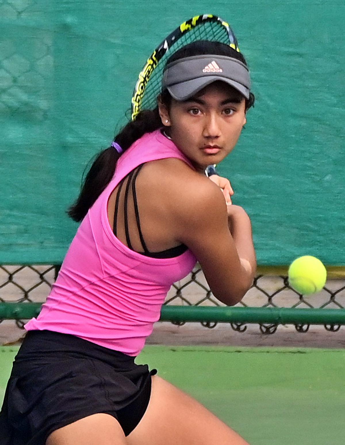 Aishi Bisht on way to the final in the ITF junior tennis tournament in Delhi on Friday. 