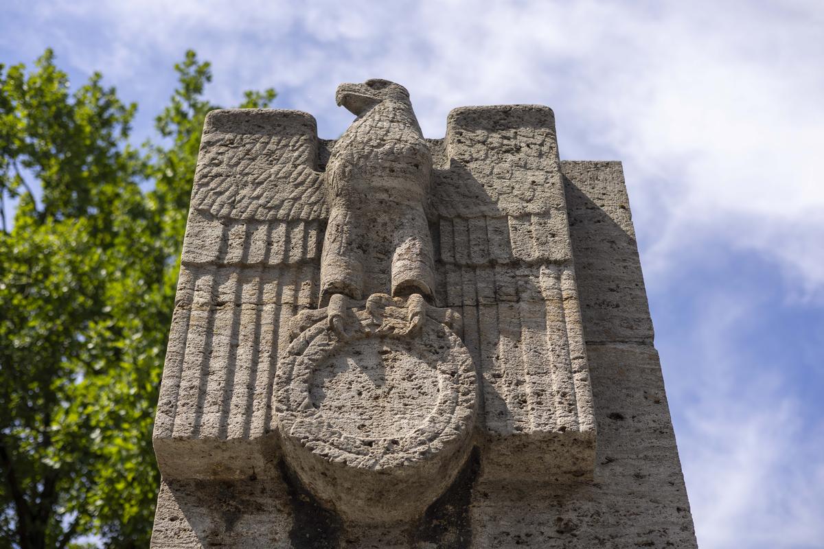 A Nazi eagle with its swastika removed on a pillar outside Berlin’s Olympiastadion, Wednesday, July 10, 2024. Scars of World War II and relics from its Nazi past are preserved at Berlin’s Olympiastadion. When Spain plays England in the European Championship final, they will be playing in a stadium that doesn’t hide it was built by the Nazis for the 1936 Olympic Games. 