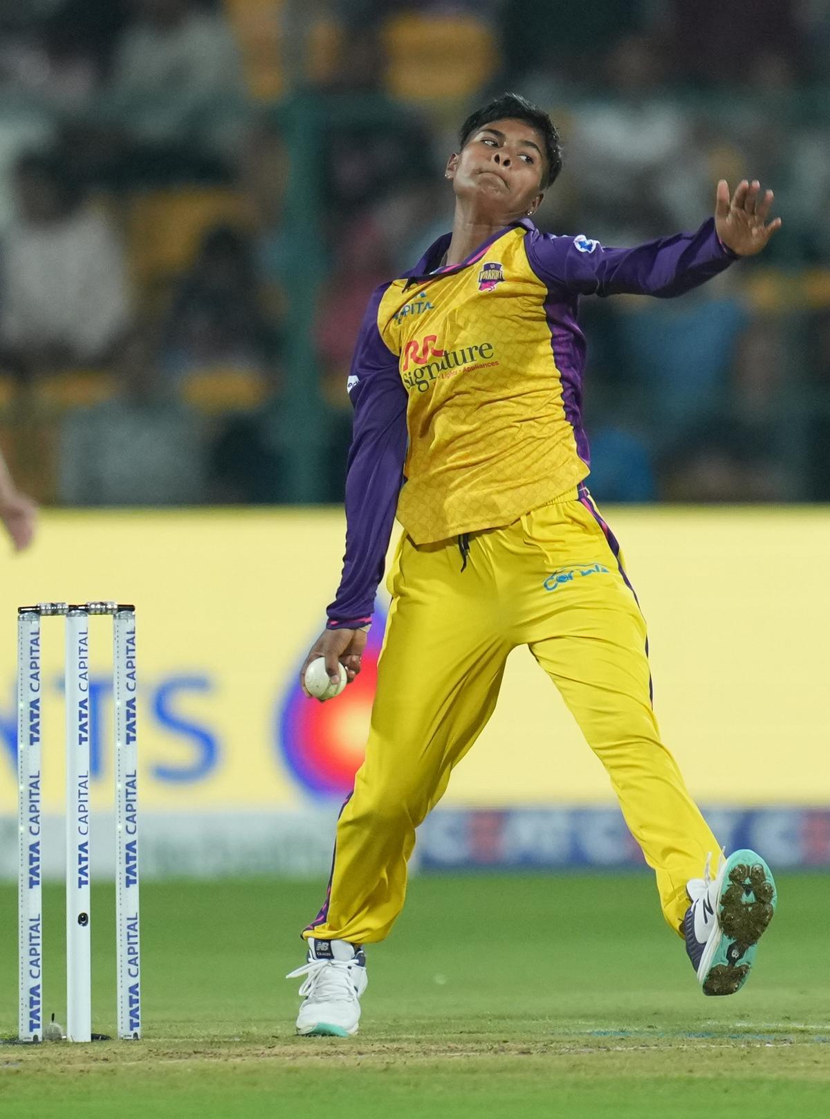 UP Warriorz’ Kranti Goud bowls a delivery during a Women’s Premier League (WPL) 2025 cricket match against Delhi Capitals. 