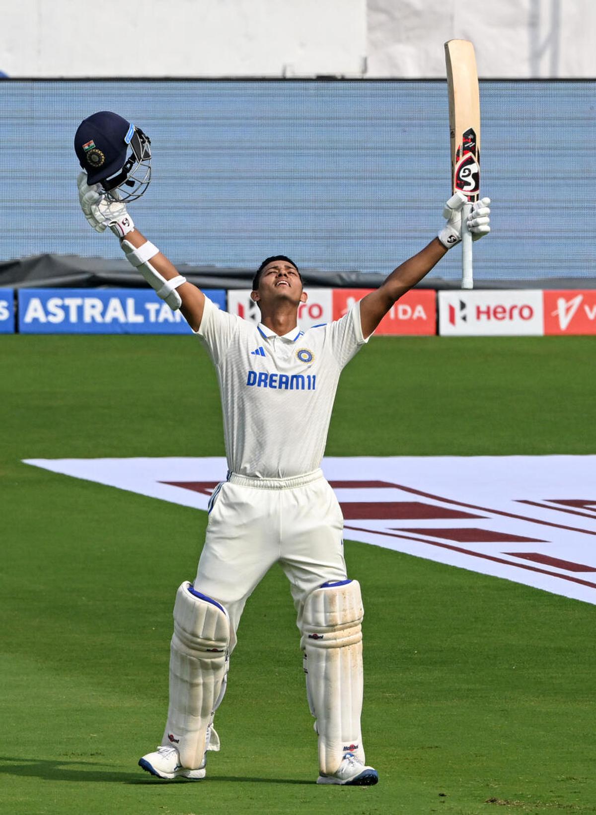 Yashasvi Jaiswal celebrates after scoring his maiden 200.