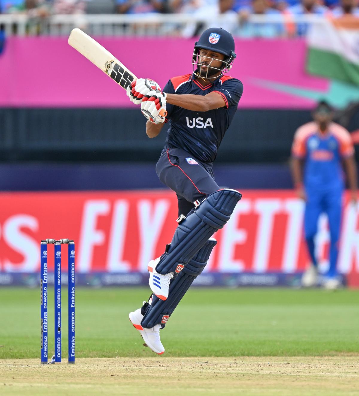 Harmeet Singh in action for USA against India in the T20 World Cup 2024 at the Nassau County International Cricket Stadium.