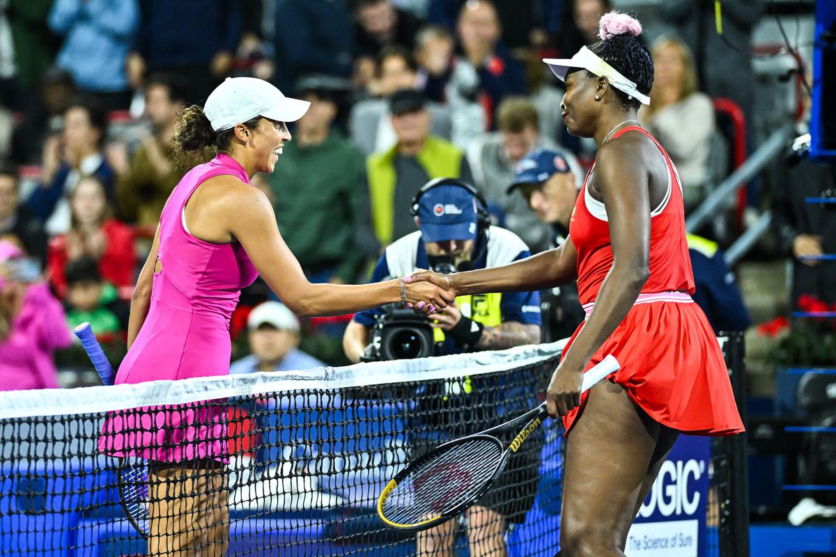 Venus Williams of the United States (R) congratulates Madison Keys of the United States (L) for her victory on Day 1 during the National Bank Open at Stade IGA on August 7, 2023 in Montreal, Canada. 