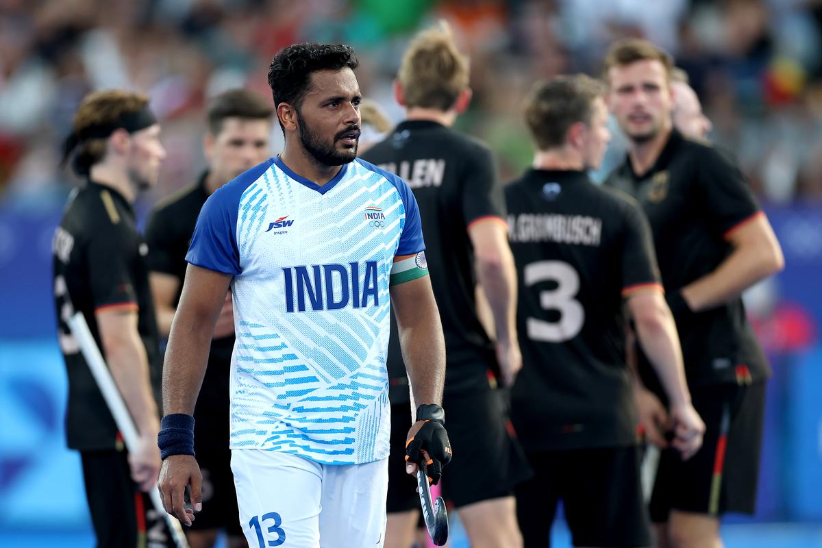 Harmanpreet Singh of Team India looks on during the men’s semifinal match between Germany and India on day eleven of the Olympic Games Paris 2024 at Stade Yves Du Manoir on August 06, 2024, in Paris, France.