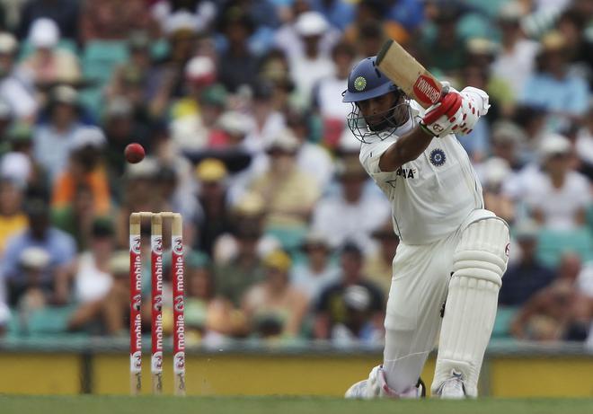 Raul Dravid of India plays a shot during day two of the second against Australia in Sydney in 2008.