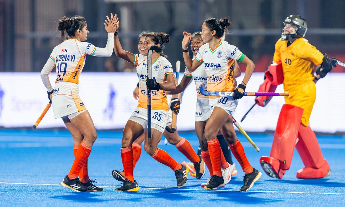 India’s Rutuja Pisal (Jersey No. 35) celebrates with teammates after scoring a goal during the women’s FIH Pro League match against England at the Kalinga Stadium in Bhubaneswar on Sunday.