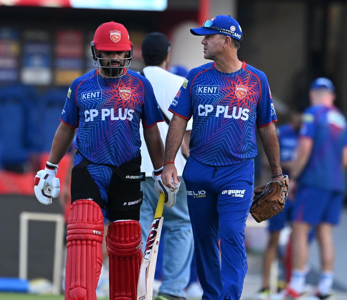 Punjab Kings’ Prabhsimran Singh and coach Ricky Ponting during a practice session ahead of the IPL match against CSK.