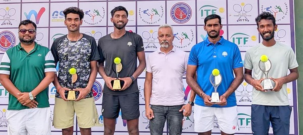 Doubles champions Maan Kesharwani/Rishi Reddy, and the runners-up Prajwal Dev/Nitin Kumar Sinha in the ITF men’s tennis tournament in Ahmedabad on Saturday.