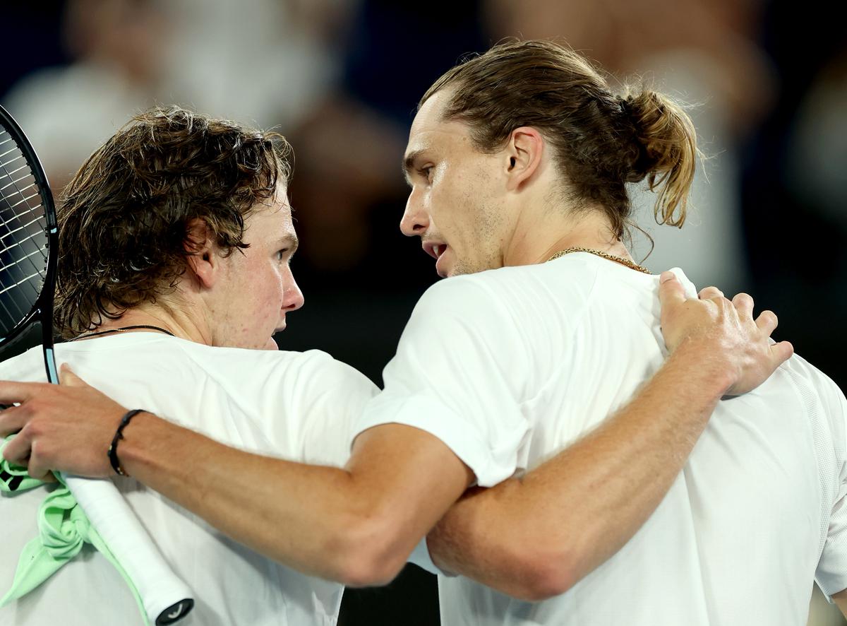 Big stage nerves: Alex Michelsen (L) faced Alexander Zverev in the third round of the Australian Open. The American put up a tough fight in the second set tie-break but eventually lost in three sets.