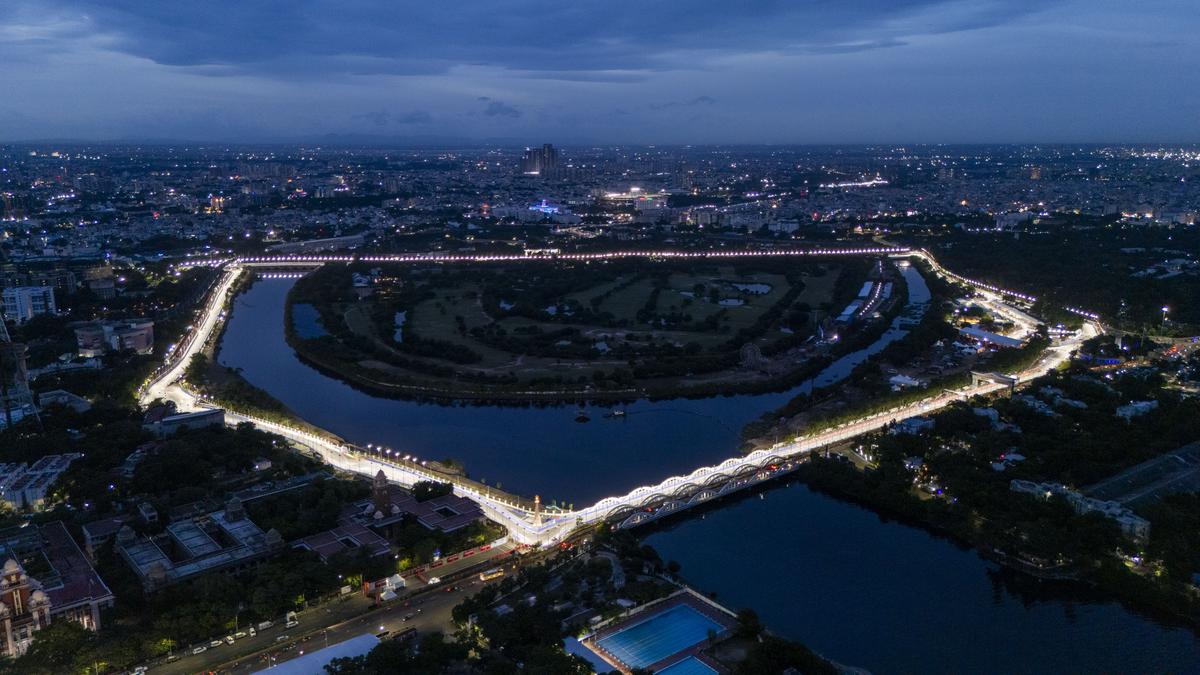 Dazzling under lights: An aerial view of the illuminated Chennai Street Circuit during the Formula 4 Street Car Race. The cars raced along some of the city’s major landmarks — Victory War Memorial, Napier Bridge, Swami Sivananda Salai and Anna Salai. 