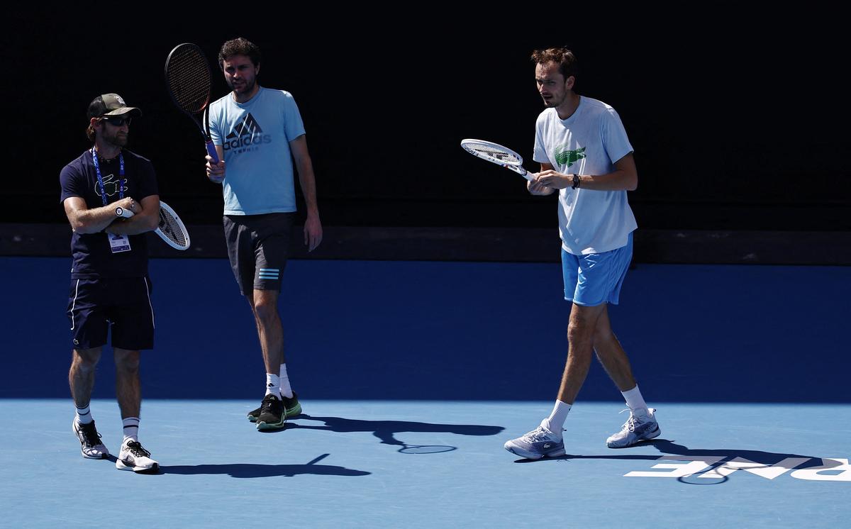 Russia’s Daniil Medvedev with coaches Gilles Cervara and Gilles Simon during a practice session at the Australian Open.