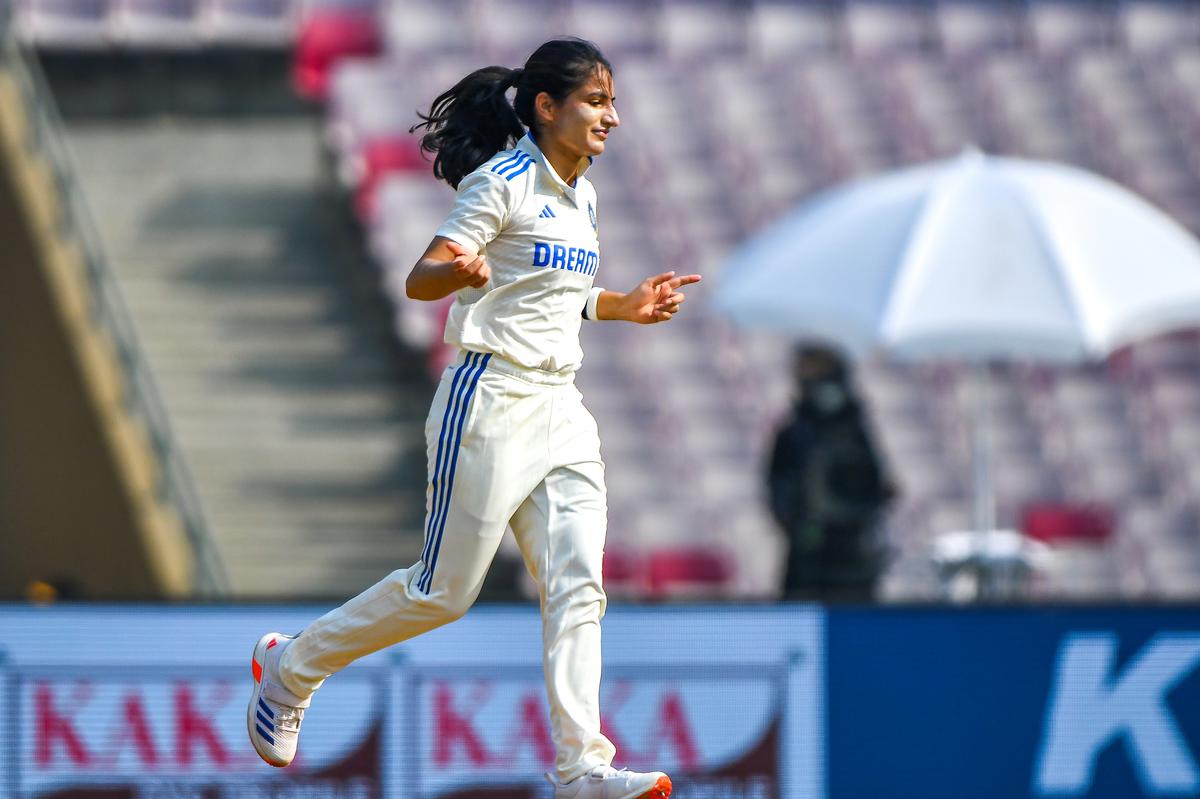 India’s Renuka Singh Thakur celebrates after dismissing England’s Sophia Dunkley on second day.
