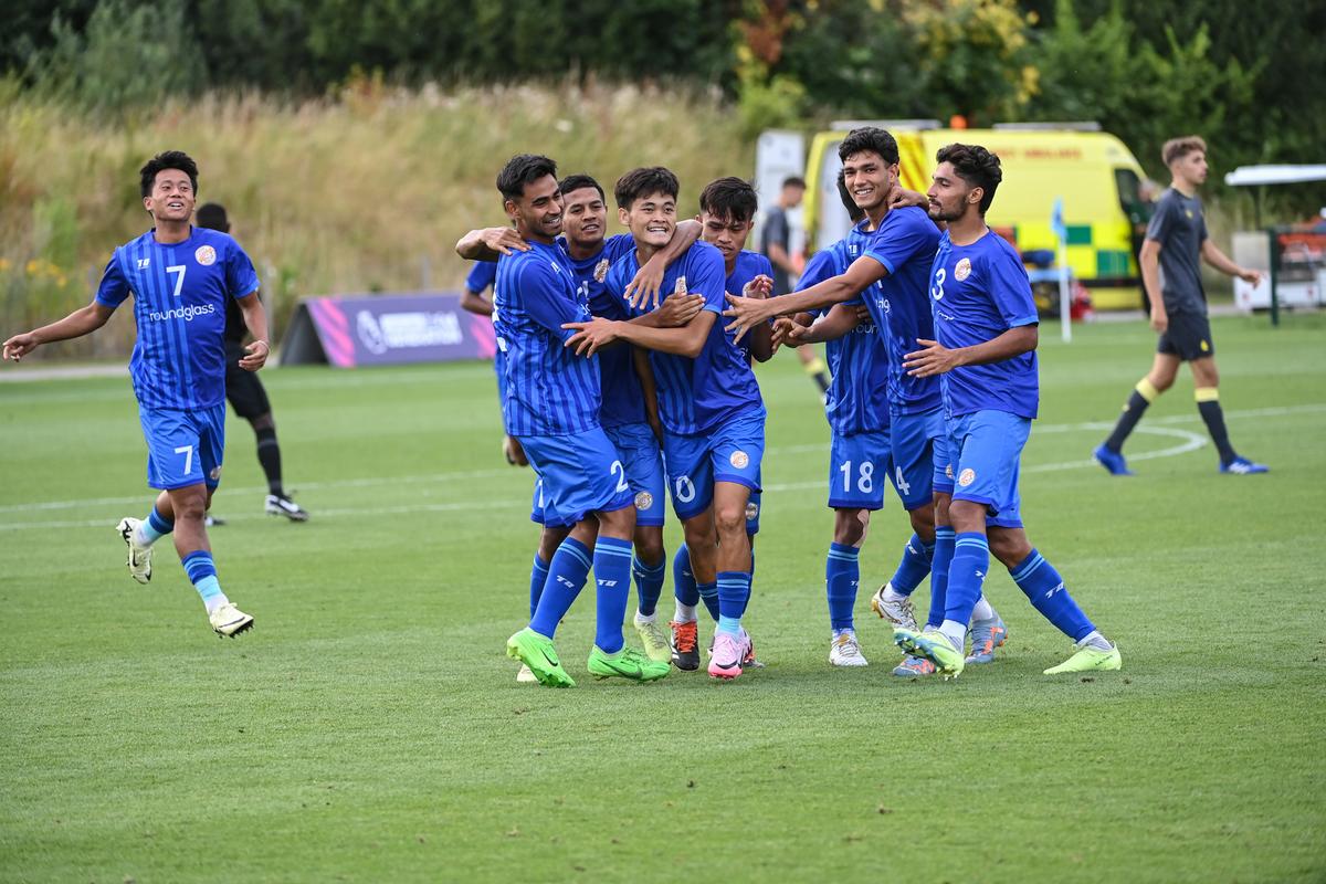 Punjab FC players celebrate during the Premier League Next Generation 2024 tournament.