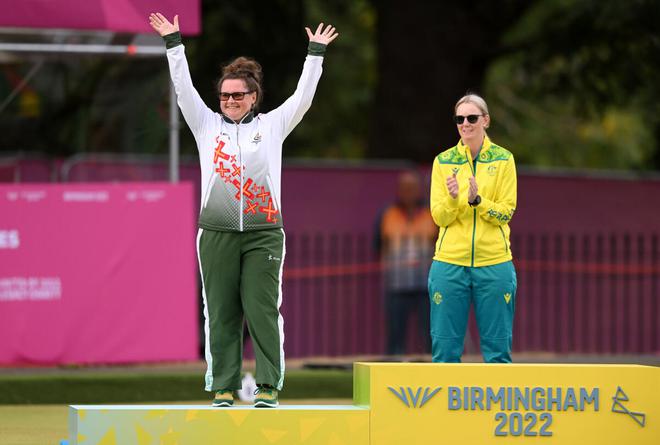 Lucy Beere of Guernsey during the medal ceremony after winning silver in Women’s Singles Lawn Bowls event on Monday. 