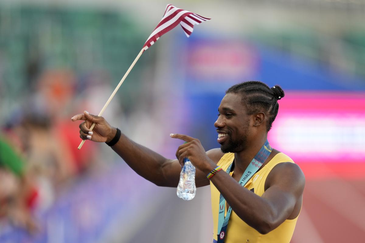 Noah Lyles celebrates after winning the men’s 200-meter final during the U.S. Track and Field Olympic Team Trials. 