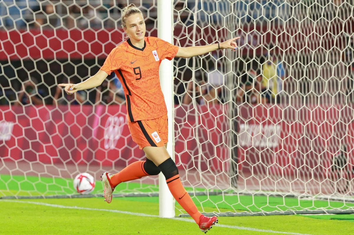 FILE PHOTO: Netherlands’ forward Vivianne Miedema celebrates after scoring the second goal during the Tokyo 2020 Olympic Games women’s group F first-round football match between Netherlands and Brazil.