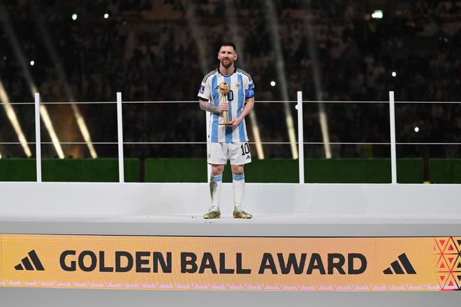 Lionel Messi with the Golden Ball after the FIFA World Cup 2022 final against France. 