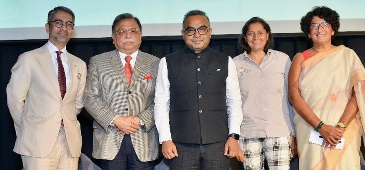 Abhinav Bindra, Adille Sumariwalla, Kunal, Manisha Malhotra and moderator Sharda Ugra, in the panel discussion on India’s preparation for Paris by IFCCI in Delhi on Monday.