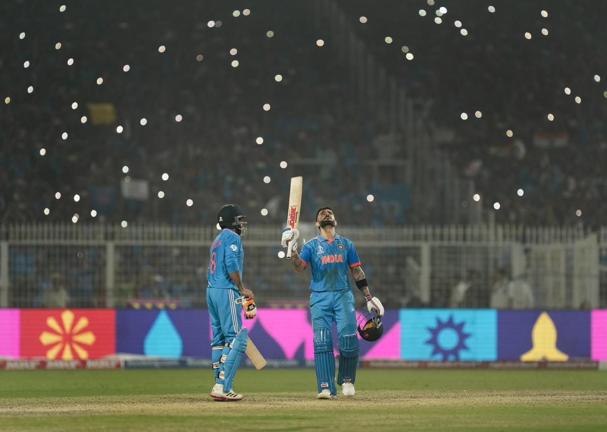 Kohli celebrates his century during the ICC Men’s Cricket World Cup 2023 match between India and South Africa, at Eden Gardens, in Kolkata.