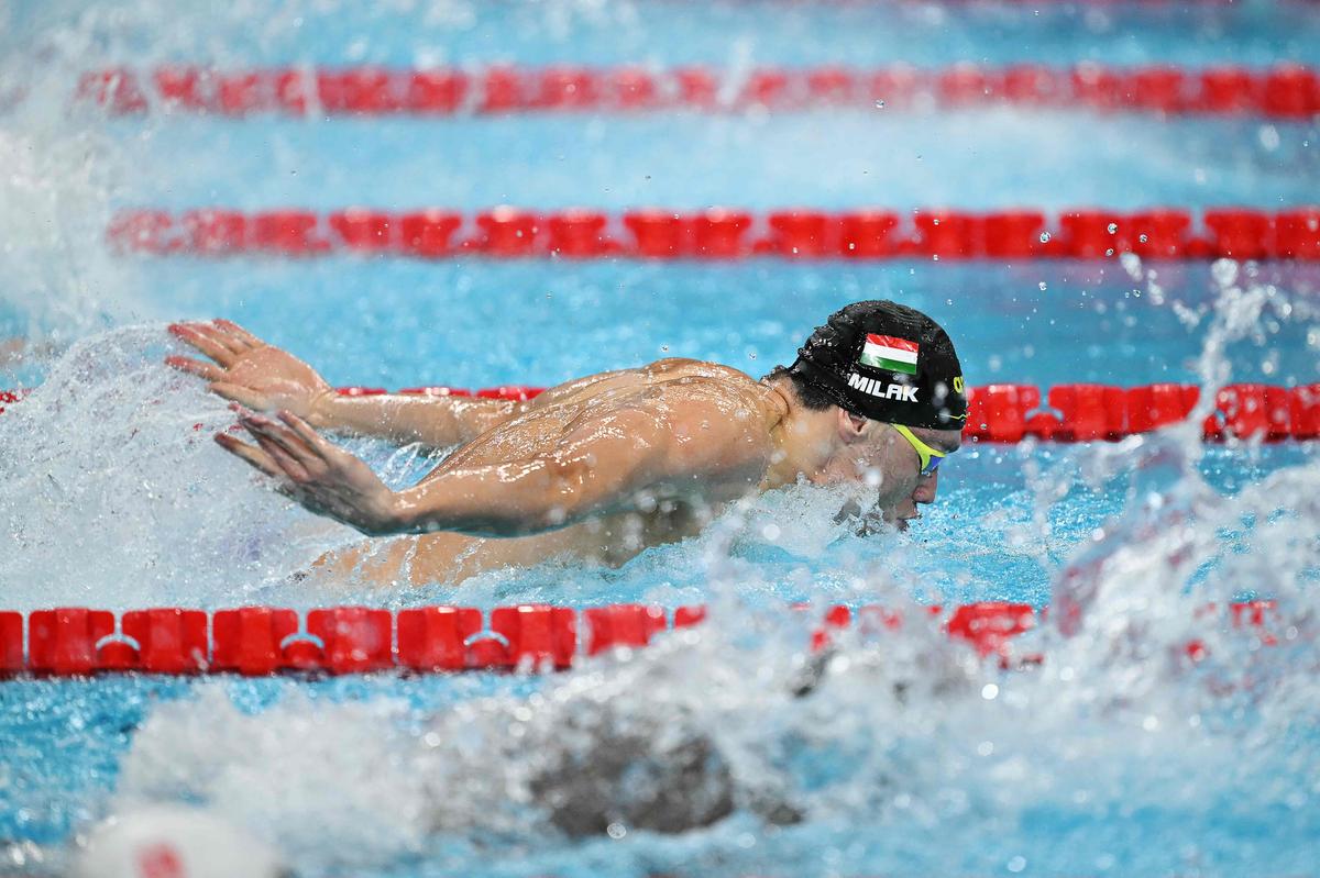 Hungary’s Kristof Milak competes in the final of the men’s 100m butterfly swimming event during the Paris 2024 Olympic Games. 