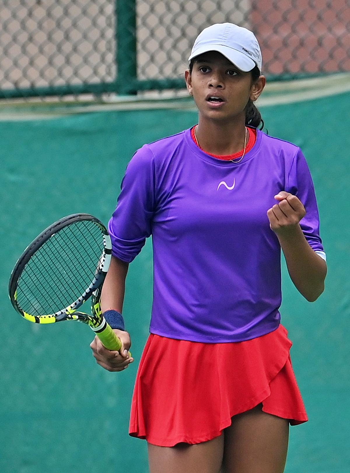 Maaya Rajeshwaran expresses grit during her victory over the fourth seed in the ITF junior tennis tournament in Delhi on Tuesday.