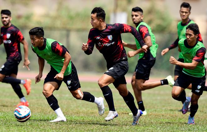 Indian football team players in a practice session ahead of their match against Kyrgyz Republic. 