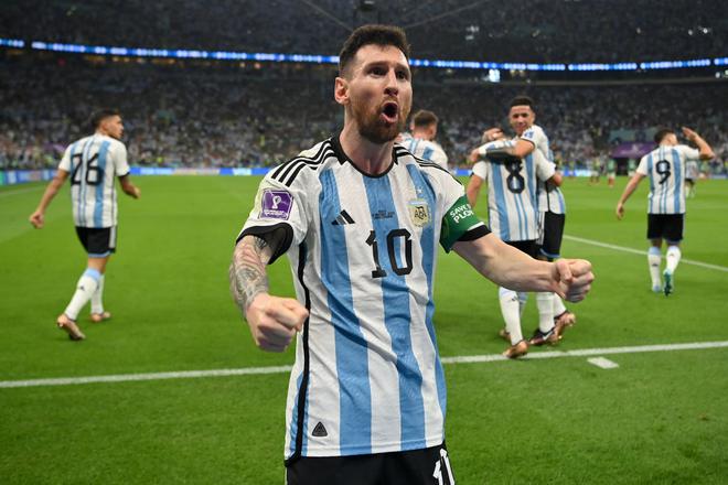 Lionel Messi of Argentina celebrates scoring his side’s first goal during the FIFA World Cup Qatar 2022 Group C match between Argentina and Mexico at Lusail Stadium on November 26, 2022, in Lusail City, Qatar.