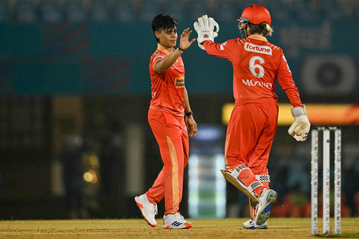 Gujarat Giants’ Kashvee Gautam celebrates after taking the wicket of Mumbai Indians’ Hayley Matthews during the Women’s Premier League (WPL) in the eliminator.